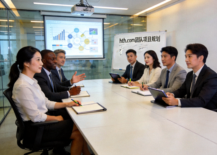 关于hth.com团队 - 专业、多元化的团队成员在现代化会议室中讨论项目